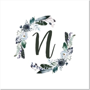 Floral Monogram N Dark Bohemian Flora Posters and Art